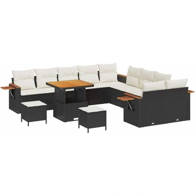 Image of vidaXL 13 Piece Garden Sofa Set with Cushions Black Poly Rattan Acacia