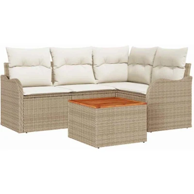 Image of vidaXL 5 Piece Garden Sofa Set with Cushions Beige Poly Rattan Acacia