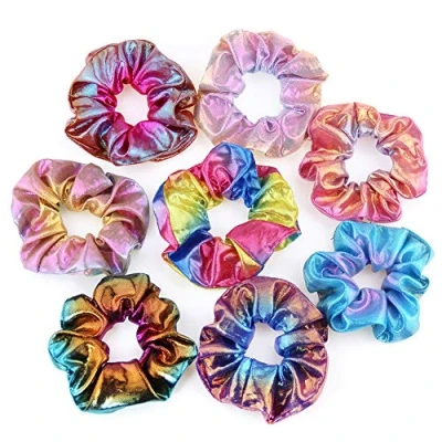 Image of 12 pcs Hair Scrunchies Ponytail Holders Dazzling Rainbow Women Girls Shiny Metallic Elastic Bands Scrunchy Ties Ropes for Lady Children Accessories…