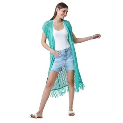 Image of Roman Womens Longline Shimmer Tassel Knit Kimono Green Size 18 UK