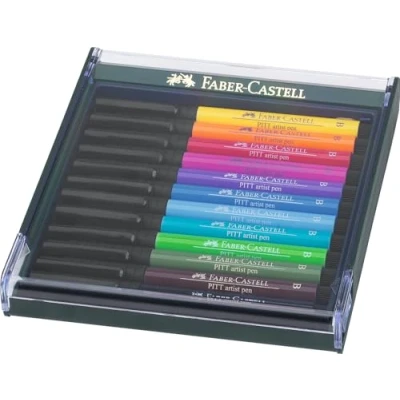Image of Faber Castell Art &amp; Graphic Pitt Artist Pen Brush India Ink Pen, Basic Tones, Set Of 12, For Art, Craft, Drawing, Sketching, Home, School, University, Colouring