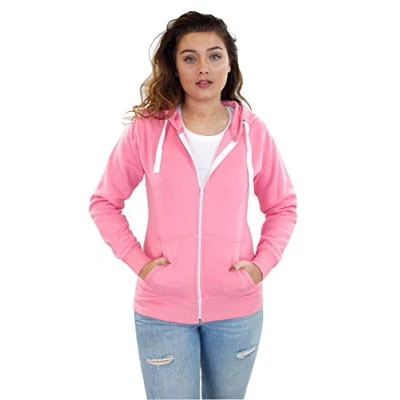 Image of True Face Ladies Hoodie Zip Up Plain Womens Sweatshirt Fleece Full Zipper Hooded Long Sleeve Zipped Top Baby Pink Large
