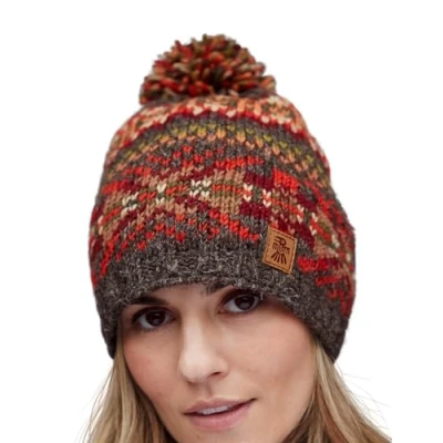 Image of Pachamama Women Wool Beanie Bobble Hat Fleece Lined Handknitted Brown Fairisle Multicoloured One Size Handmade Extra Warm Fair Trade