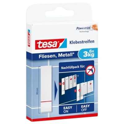 Image of tesa 77761 00000 00 Klebestreifen Fliesen bis 3kg Adhesive Strips for Attaching to Tiles and Metal 3 kg Holding Capacity, White, Set of 6 Pieces