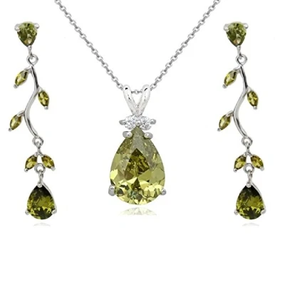 Image of Crystalline Azuria Women 18ct White Gold Plated Teardrops Green Zirconia Crystals Set Necklace 17.7 inches Dangle Earrings