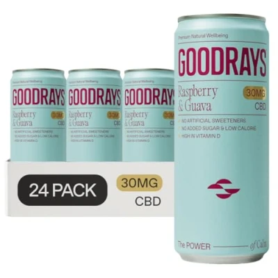 Image of Goodrays 30mg CBD Drink 24 x 250ml Cans Raspberry &amp; Guava Natural Flavours, Low Calorie, Vegan High Strength (30mg/can), All Reduce Stress Unwind