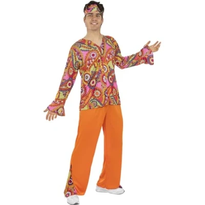 Image of Funidelia Happy Hippie Costume for man 60s, Hippie, Flower power, Decades adults accessory fancy dress &amp; props Halloween, carnival parties Size L Blue
