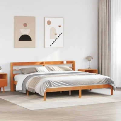 Image of vidaXL Bed Frame with Headboard Pine Wood Wax Brown 200x200 cm Modern Double for Bedroom Storage and Sturdy