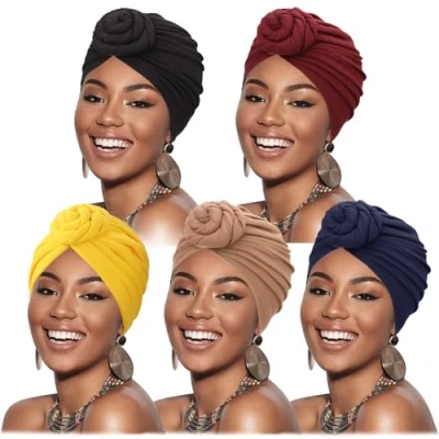 Image of DRESHOW 5 Pack Women Turban African Pattern Knot Headwrap Beanie Pre Tied Bonnet Chemo Cap Hair Loss Hat
