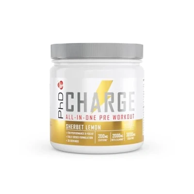 Image of PhD Charge, All in One pre Workout Powder with Creatine for Women and Men, Rich Beta Alanine, High Caffeine Workout, Sherbert Lemon Flavour, 20 Servings Per 300g Bottle