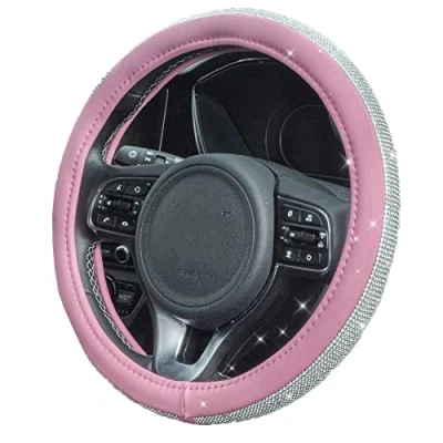 Image of Dazzle Your Drive with Pink Bling Car Steering Wheel Cover Crystal Rhinestones Studded, PU Leather, and Universal Fit