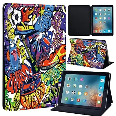 Image of Initial Letter Leather slim lightweight Stand Cover Case for Apple New iPad 9.7 2018 2017(6th Gen, 5th Gen)/iPad Air 2/iPad Air/iPad Pro Tablet with Auto Wake/Sleep (graffiti002)
