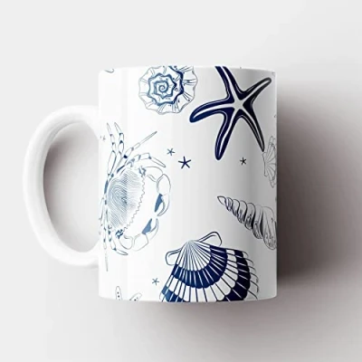 Image of Global Designs Sea Shells Coastal Blue Nautical Ceramic Mug Beach Themed Gift