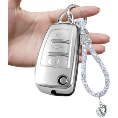 Image of RXXR Car Key Case Cover Compatible with Audi A1 A3 A4 A6 Q3 Q5 Q7 S3 R8 TT 3 Button Remote Protector Fob Bling Keychain