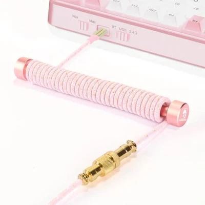 Image of MAMBASNAKE C03 Custom Coiled Keyboard Cable and Metal Aviator Winder Set Fixed Rod + Braided USB C with 8K Hz Return Rate &amp; Gold for Gaming Keyboard/Phone Pink