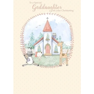 Image of Carte Blanche Special Goddaughter Christening Congratulations Card Church, Animals and Sentiment Verse with Flitter Details Eco Friendly