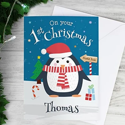Image of Personalised 1st Christmas Penguin Greeting Card for babies