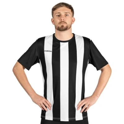 Image of FORZA Men’s Striped Jersey Shirt [XS XXL] Premium Short Sleeve Football T Shirts 5 Stripe Colour Options (Black and White, M)