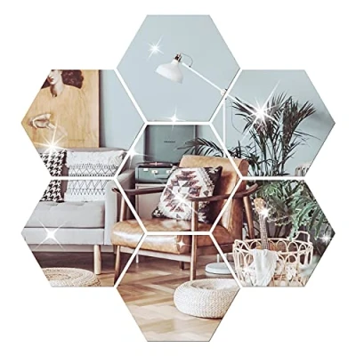 Image of NAILDOKI DIY Wall Decals Acrylic Mirror Sticker Set 12 Pcs, Hexagon Stickers for Living Room Bedroom Decor (Silver)