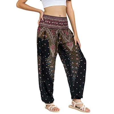 Image of Lofbaz Harem Pants for Women Yoga Boho Hippie Clothing Womens Palazzo Bohemian Pajama Trousers Beach Indian Gypsy Genie Clothes Peacock 1 Black B 3XL
