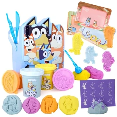 Image of Toyland® 17 Piece Bluey Dough Bucket Activity Set 4 Dough, 3 Cutters, 1 Roller, Stamps, Wipeable Play Screens &amp; Arts Crafts Toys