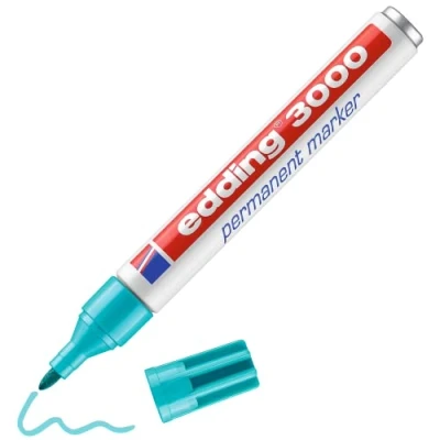Image of edding 3000 permanent marker turquoise (blue) 1 pen round tip 1.5 3 mm quick drying markers waterproof, smudge proof for cardboard, plastic, wood, metal, fabric pens