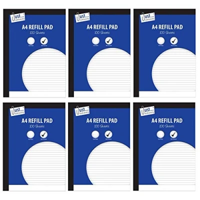 Image of A4 Refill Pad, 100 Lined Sheets, Sidebound Hole Punched Notebook, Pack of 6
