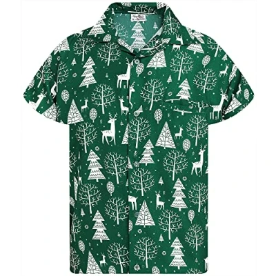 Image of King Kameha Men Christmas Santa Claus Office Party Short Sleeve Button Down Shirts, Reindeer Allover, Green, XXL