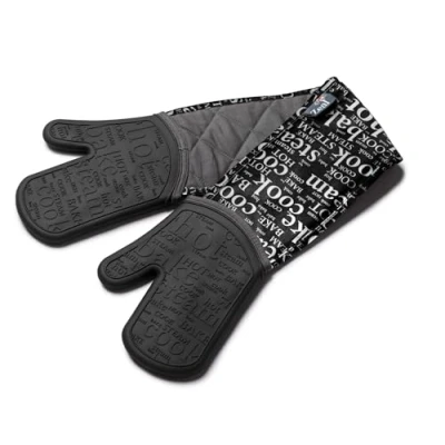 Image of Zeal Silicone Double Oven Gloves, Heat, Steam and Water Resistant Mitts with Quilted Fabric Inner, Non Slip Grip. Perfect for Cooking Baking. Machine Washable, Black