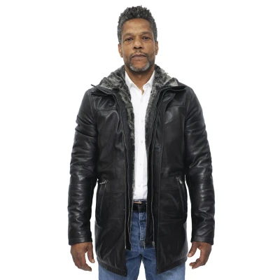 Image of Men&#039;s Black Leather Classic Removable Fleece Collar Mid Length Warm Overcoat Jacket S