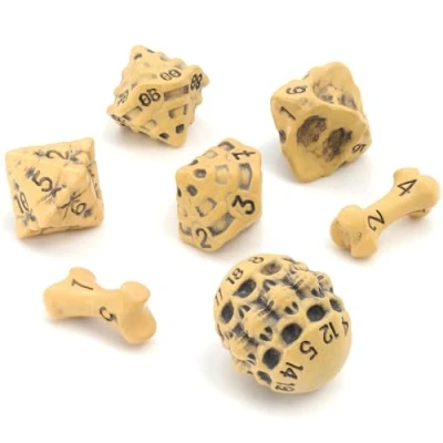 Image of DND Dice Set of 7 Polyhedral Skull &amp; Bone RPG D20, D12,%D10, D10, D8, D6 D4 Sided. Cool Unique Gift for Dungeons Dragons, Warhammer, D&amp;D, Pathfinder, D and D. (Ancient Yellow)