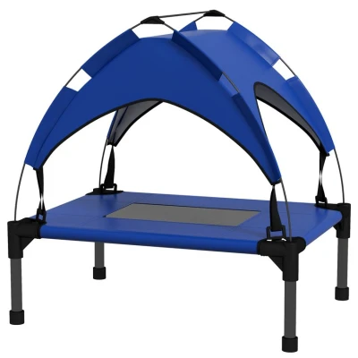 Image of PawHut Cooling Raised Dog Bed, Elevated Pet Bed with Breathable Mesh, UV Protection Canopy, Foot Pads, for Indoor Outdoor, Mini, Small Dog, 61 x 46 63cm Dark Blue