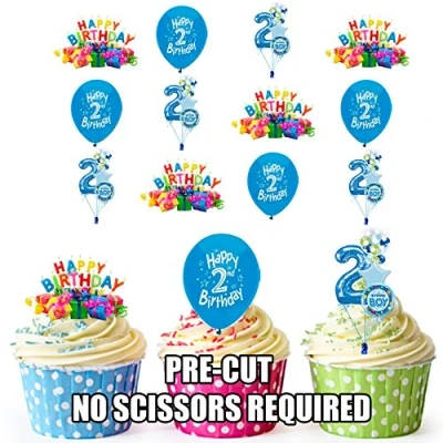 Image of AK Giftshop PRE CUT 2nd Birthday Boy Edible Cupcake Toppers/Cake Decorations (Pack of 12)