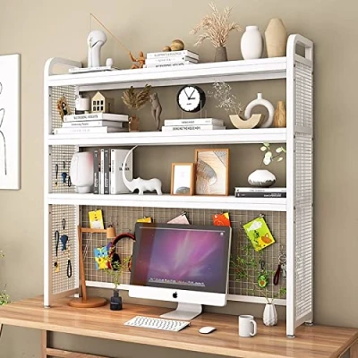 Image of FUYAO Desktop Bookshelf for Computer Desk, 3 Tier Multipurpose Wooden Countertop Hutch Organizer Home Office Storage Shelves Supplies