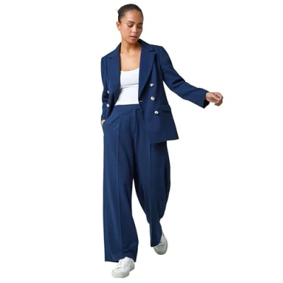 Image of Roman Petite Button Fastened Wide Leg Trousers for Women UK Ladies Everyday Holiday Spring Summer Comfy Soft Evening Vacation Work Party Navy Size 18