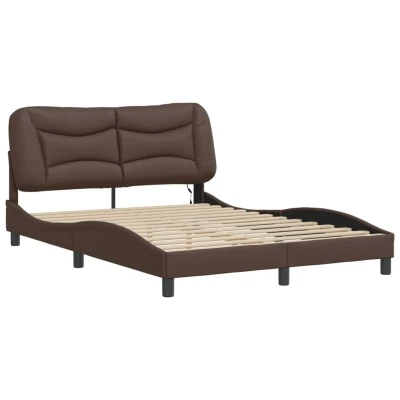 Image of vidaXL Brown Faux Leather Double Bed Frame with LED Lights and Headboard Cushion Modern Bedroom Furniture for Supportive Sleep 140x200 cm