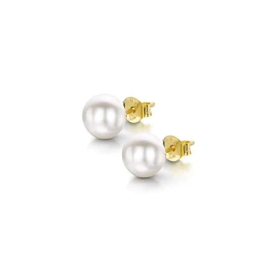 Image of Amberta Women&#039;s 925 Sterling Silver Freshwater Pearl Stud Earrings: 7 to 8 mm White with Gold Plating