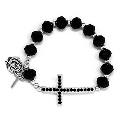Image of Catholic Gift Shop Ltd Black Decade Rosary Bracelet with a Strass Crystals, Cross and Lourdes Medal, Prayer Card