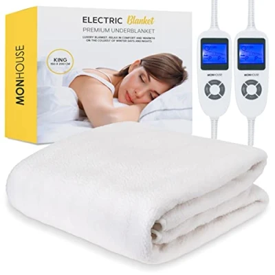 Image of MONHOUSE Premium Soft Fleece Electric Blanket Heated Under King150x200cm Fitted Mattress Cover Detachable &amp; Machine Washable Dual Controller Multi Zones, 9 Heat Settings