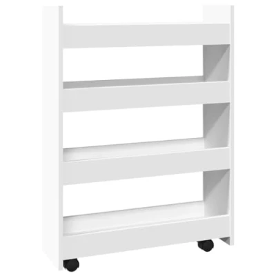 Image of vidaXL Narrow Storage Trolley 4 Tier Bookcase Shelf White Slim Rolling Cart for Living Room, Kitchen, Bathroom Engineered Wood