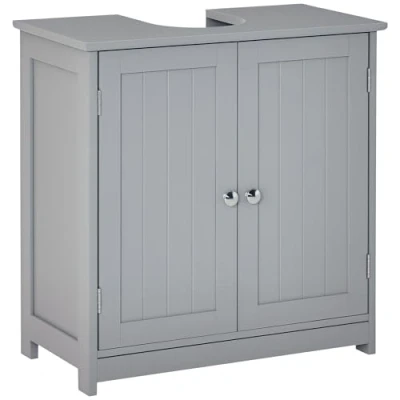 Image of kleankin 60x60cm Under Sink Storage Cabinet w/Adjustable Shelf Handles Drain Hole Bathroom Space Saver Organizer Grey