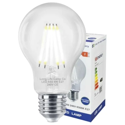 Image of Long Life Lamp Company Filament 4w LED Light Bulb Cool White E27 ES Edison Screw Clear Glass A60 Energy Saving