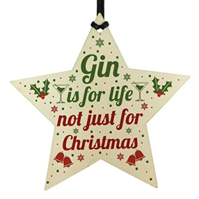 Image of RED OCEAN Funny Gin Novelty Tree Bauble Decoration Wooden Star Secret Santa Gifts