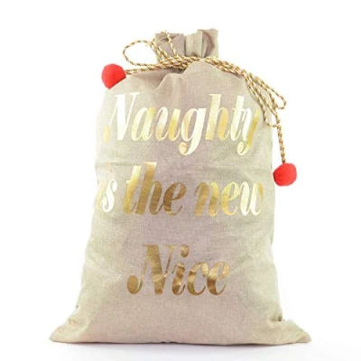 Image of Large Premium Hessian Santa Sack Brown Stocking Bag Naughty Is The New Nice Christmas Accessories Xmas Gifts 72x50cm