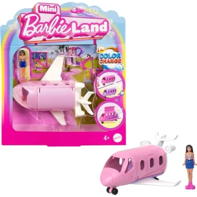 Image of Barbie Mini BarbieLand Doll &amp; Toy Vehicle Set, 1.5 inch Dreamplane with Working Doors Color Change, HYF40