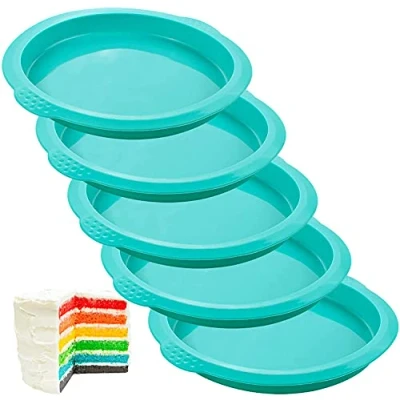 Image of webake 6 Inch Rainbow Cake Tins Set 5 Pcs Silicone Layer Moulds Round Baking Pan Pizza Molds for Birthday Party Anniversary Blue