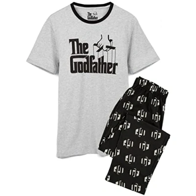Image of The Godfather Mens Pyjamas Adults Crime Family Leader Movie Logo Grey T Shirt With Black Long Bottoms Pjs Merchandise