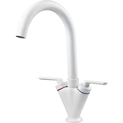 Image of Xcel Home™ Swan Neck White Kitchen Sink Tap with Hoses Standard Fittings Dual/Double Levers Solid Brass Deck Mounted 360 Degrees Swivel Spout Mixer Monobloc Luxury Faucet 1 pc