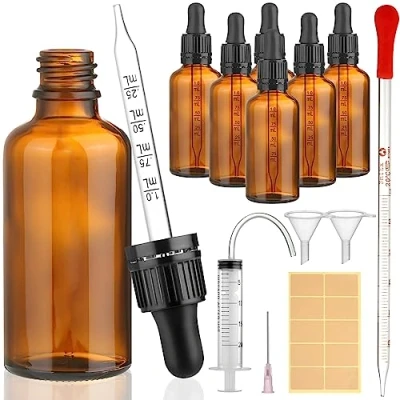 Image of modacraft 6 x 50 ml pipette bottle with auxiliary accessories, pipette, brown glass bottle, pharmacist dropper for liquid, essential oil, perfume oils, aromatherapy, liquid
