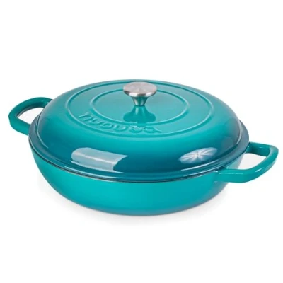 Image of Shallow Cast Iron Casserole with Lid Non Stick Dutch Oven Pot, Safe up to 500 F Sturdy Ovenproof Stockpot Cookware Enamelled Cooking Pot Teal, 5 Quart, 32cm by Nuovva